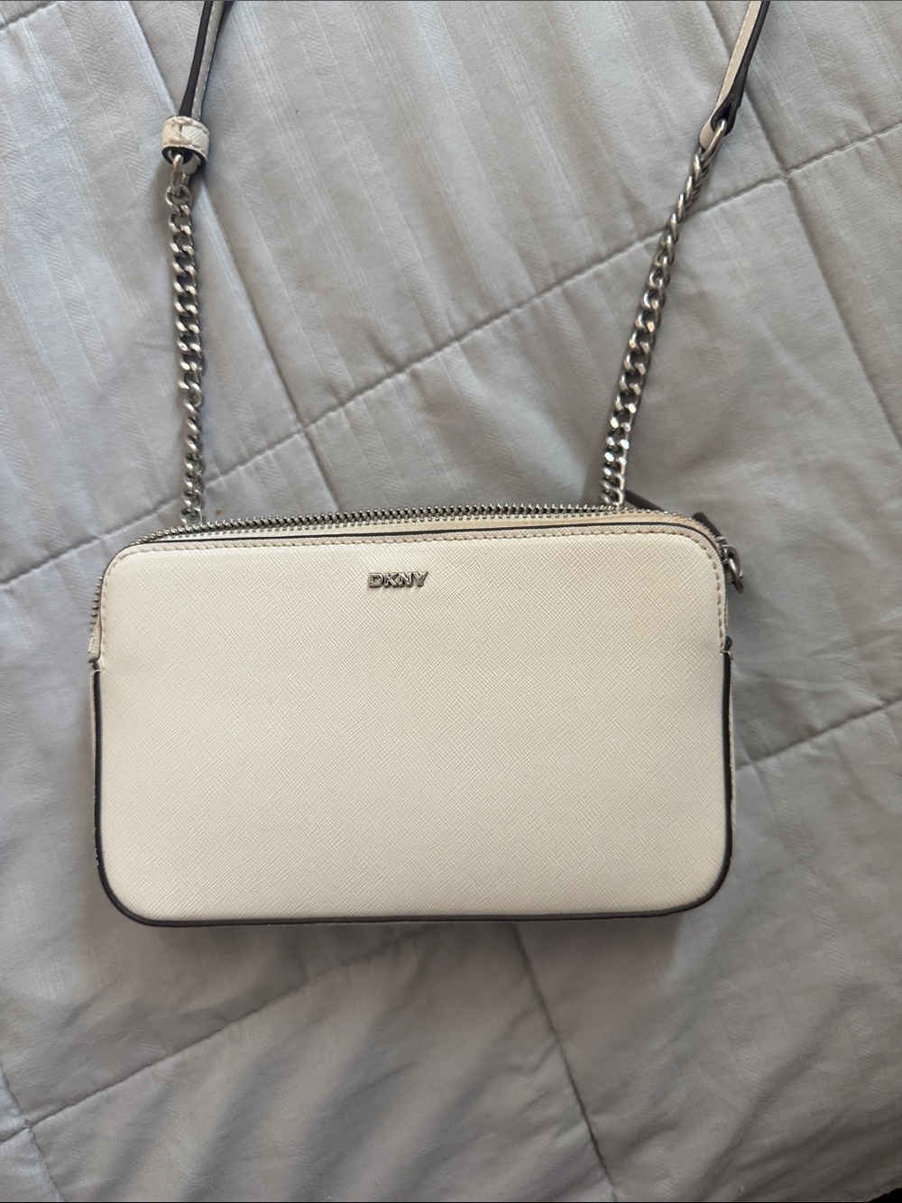 DKNY Cream Crossbody Camera Bag with Silver Chain